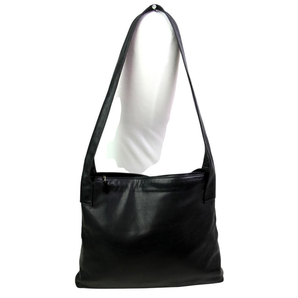 Field Manor BLACK GENUINE LEATHER TWO COMPARTMENTS SHOULDER BAG HOBO HANDBAG